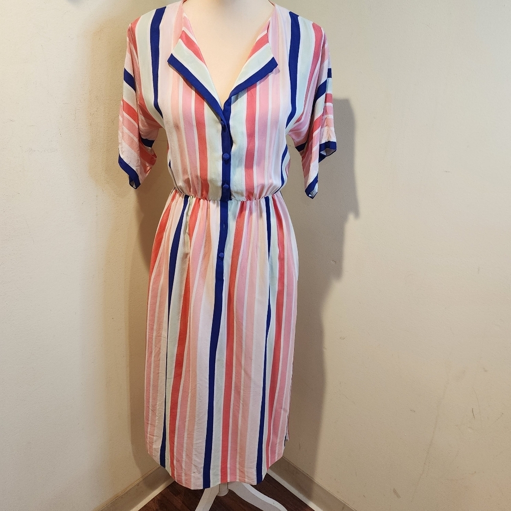 Striped Pink Blue Cream Button-Front Midi Dress